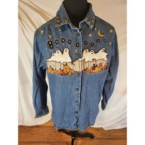 Vintage Karen Scott Size M Denim Embroidered Halloween Autumn Button Up Shirt